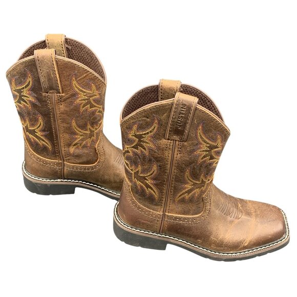 Justin Western Boots Kids 2D Cowboy Rugged Brown Tan Buffalo Leather J-Flex - Picture 7 of 8